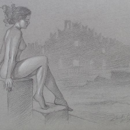 LONELINESS<br>2019<br>Pencil and white chalk on paper, 22 x 30 in.