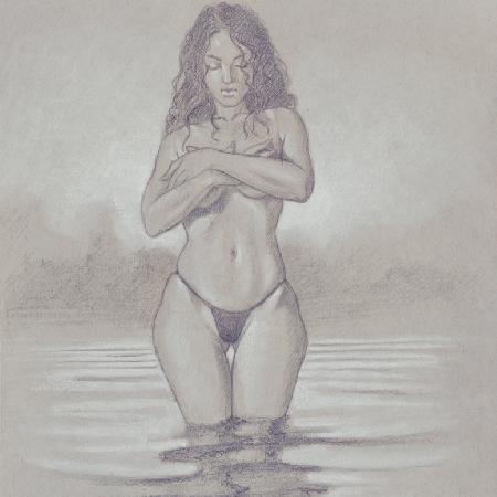 THE LAKE<br>2024<br>Pencil and white chalk on paper, 30 x 22 in.